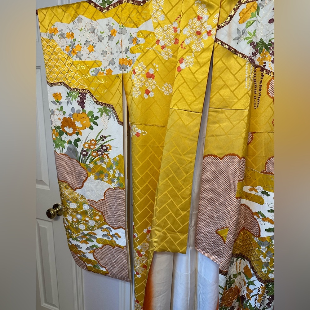 SOLD Preowned furisode kimono, yellow , orange flowers and birds